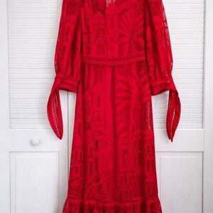 FARM Rio Red Long Sleeve Lace Midi Dress